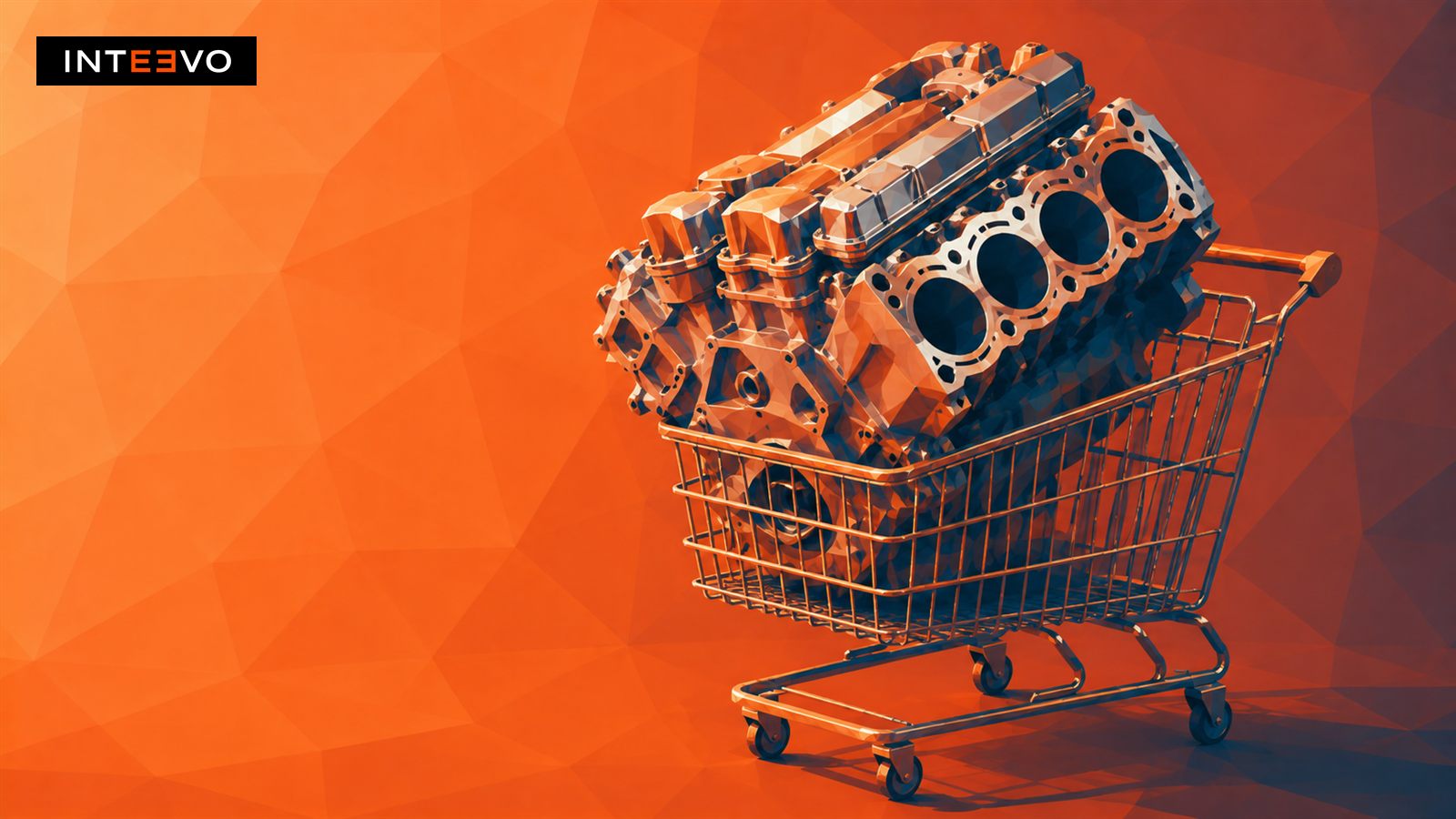 a huge engine sitting in a supermarket trolley.