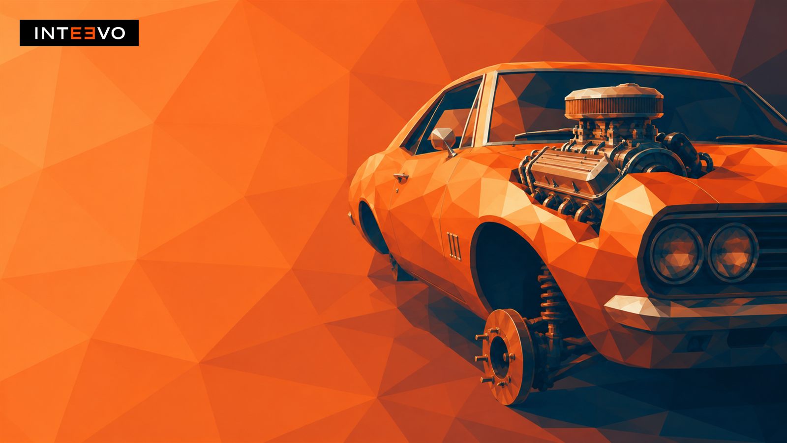 a classic car with a new engine and an empty brake hub.
