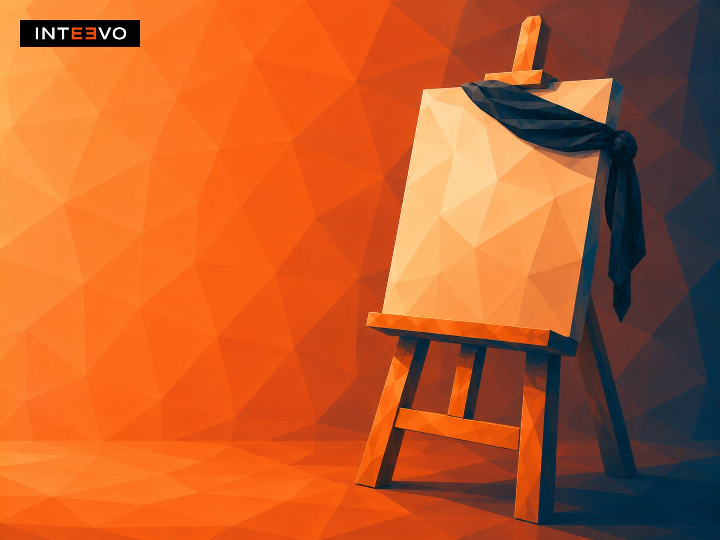 an easel holding a canvas with a blindfold on the frame.